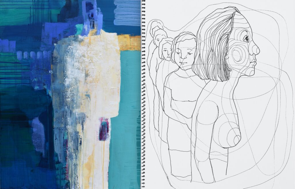 (Pic #2) Left: Acrylic painting by Suzanne Budd, pre-Covid. Right: Black and white drawing by Suzanne Budd, during Covid.